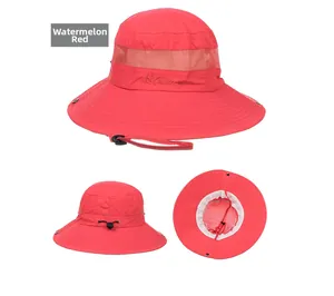 Detailed views of watermelon red sun hat with wide brim and 360 degree mesh ventilation