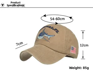 Close-up of shark embroidery and flag patch on khaki canvas baseball cap with size specs