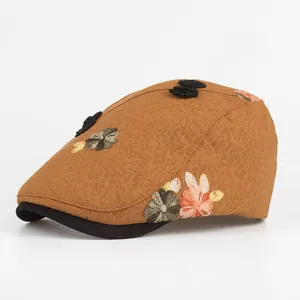 Women Vintage Cotton Newsboy Cap Floral Embroidery Beret Hat With Black Contrast Brim Textured Casual Cabbie Flat Cap Accessory