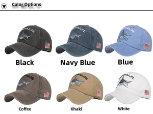Matrix layout showing six washed cotton baseball caps with shark embroidery in various colors