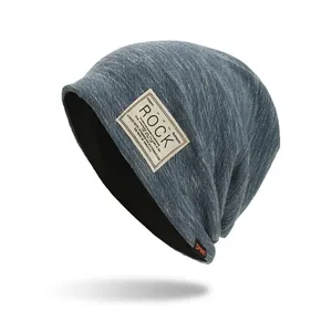 Unisex Knit Slouchy Beanie Hat Double Layer Warm Cotton Blend Heather Marled Skull Cap With Rock Label For Men Women
