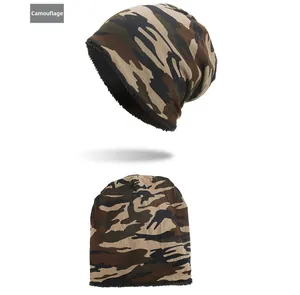 Detail showing the coffee camouflage beanie with a warm black fleece lining