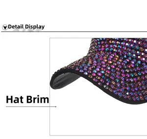 Detail view of baseball cap brim featuring densely set purple shimmering rhinestones