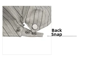 Detailed macro view of the gray pinstripe fabric and adjustable metal back buckle on the cap
