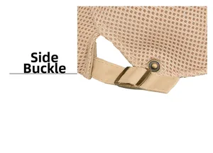 Detail view of breathable mesh newsboy cap with canvas strap and bronze metal buckle