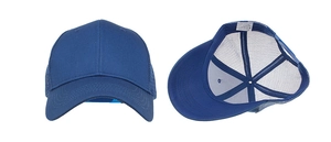 Internal detail of blue mesh trucker hat showing the material care label and sewing