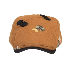 Vintage brown newsboy cap with floral embroidery and textured fabric for women