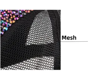 Close-up of black mesh fabric with vibrant iridescent rhinestones for the baseball cap