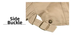 Détail de la casquette en coton kaki avec boucle latérale réglable et bouton-pression