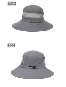 Detail view of grey sun hat showing breathable side mesh and adjustable back drawstring