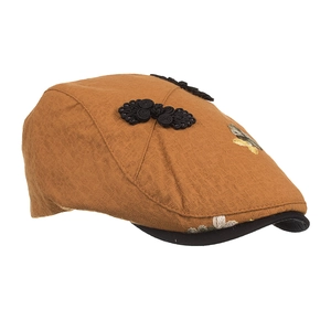 Vintage embroidery newsboy hat in brown-orange with black frog fasteners for women