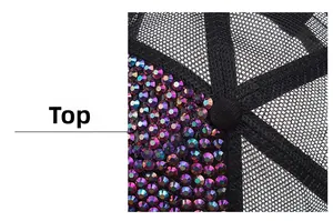 Close-up of top crystal rhinestones and breathable mesh on black baseball cap