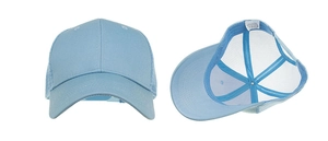 Detail view of sky blue mesh trucker hat showing internal structure and wash label