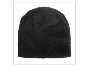 Close-up of black fuzzy fleece lining texture on thermal camouflage winter beanie hat