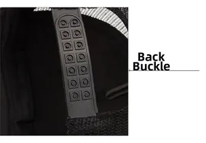 Detail of black baseball cap with adjustable double-row snapback closure and mesh back