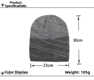 Detailed size specifications for the grey knit beanie, 23cm wide by 30cm high and 105g