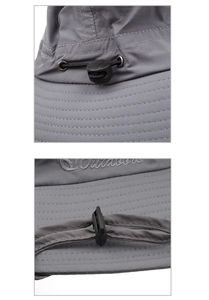 Detail of adjustable windproof drawstring and ripstop fabric on grey outdoor sun hat