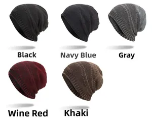 Detailed view of winter knit beanies in black, navy, grey, wine red, and khaki colors