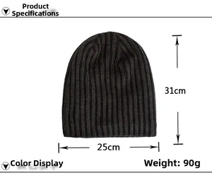 Detailed size guide for striped knit beanie showing 31cm height and 25cm width dimensions