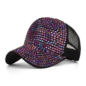 Luxury Rhinestone Baseball Cap Fashion Women Mesh Trucker Hat With Colorful AB Crystals Breathable Outdoor Adjustable Cap