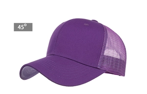 Detail view of purple trucker hat showing breathable mesh back and curved brim at a 45 degree angle
