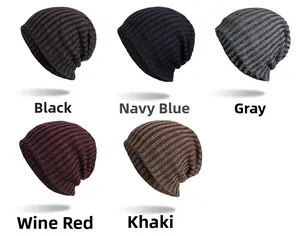 Close-up of ribbed knit beanies in black navy grey burgundy and khaki colors