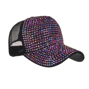 Sparkling baseball cap with colorful rhinestones and breathable black mesh fabric