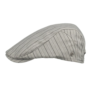 Classic herringbone flat cap in grey with vertical pinstripes and metallic logo detail