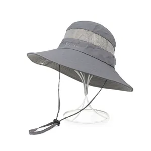 Unisex Outdoor Sun Hat Wide Brim Bucket Hat With Breathable Mesh Adjustable Windproof Rope For Fishing Hiking Travel Summer