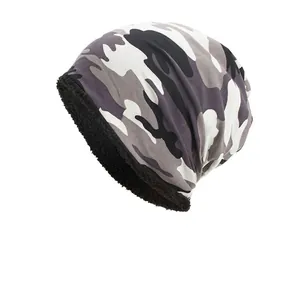 Camouflage Fleece Lined Beanie Hat Winter Warm Slouchy Knit Hat For Unisex Outdoor Cold Protection Polyester Headwear