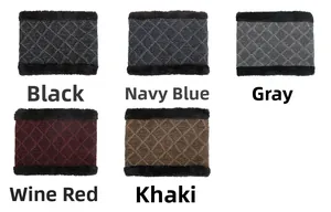 Detail view of five colors knit neck warmers with rhombus pattern and faux fur lining