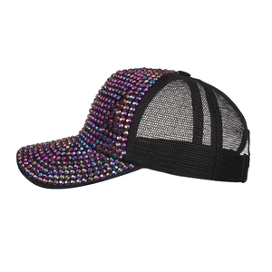 Sparkling rhinestone baseball cap with black mesh trucker hat design for outdoor wear