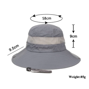 Breathable grey outdoor sun hat with wide brim, mesh vents, and adjustable chin strap