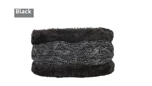 Detailed close-up of winter knit neck warmer featuring black faux fur lining and texture