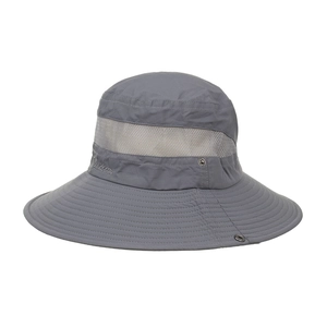 Dark grey wide brim sun hat with breathable mesh panels and UV protection for outdoor wear