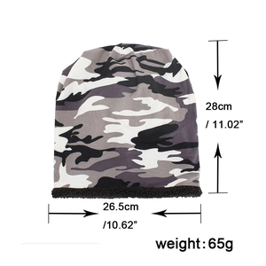 Winter camo fleece lined beanie hat in grey and black camouflage print with dimensions