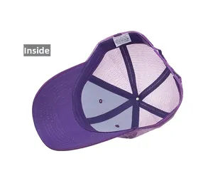 Inside view of purple mesh baseball cap showing cotton sweatband and breathable structure