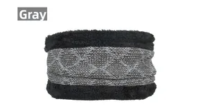 Close-up of a grey knitted neck warmer featuring diamond patterns and black faux fur trim