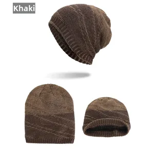 Detail view of khaki knit beanie with thick fleece lining and ribbed winter texture