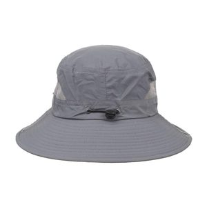Breathable gray wide brim sun hat with mesh vents and adjustable chin strap for outdoors