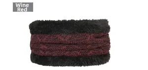 Detail of winter wine red knit neck warmer with soft black faux fur lining and diamond pattern