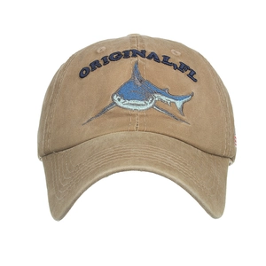 Vintage khaki embroidered shark baseball cap with curved brim for sun protection