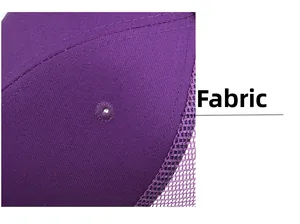 Detail of purple cotton twill fabric and breathable mesh stitching on baseball cap