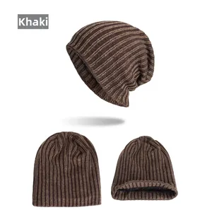 Detail view of khaki and brown ribbed knit beanie with soft warm fleece lining