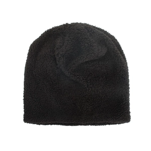 Minimalist black plush fleece beanie hat made of soft faux fur for winter warmth