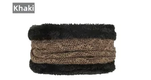 Detailed close-up of khaki diamond-pattern knit neck warmer with black faux fur lining