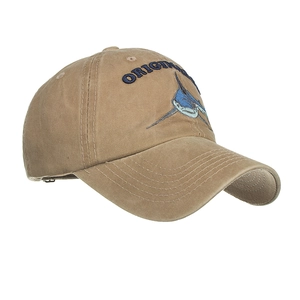 Khaki washed cotton baseball cap featuring blue marlin embroidery and Original text design