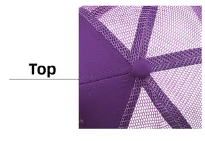 Macro view of purple mesh baseball cap crown showing stitch detail and top button