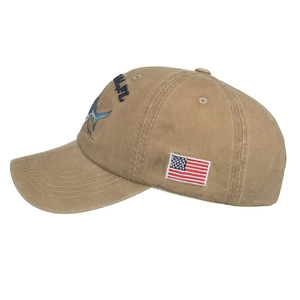 Khaki cotton baseball cap with American flag and blue marlin embroidery side view