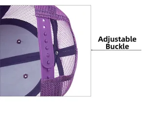 Adjustable plastic snapback closure on purple mesh trucker hat for a custom fit